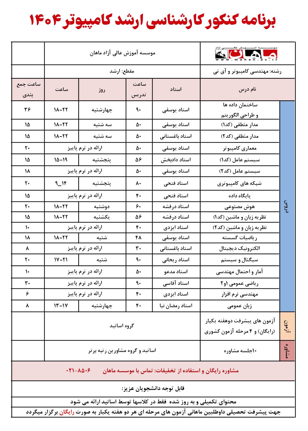 برنامه کلاس های کنکور ارشد کامپیوتر استاد یوسفی